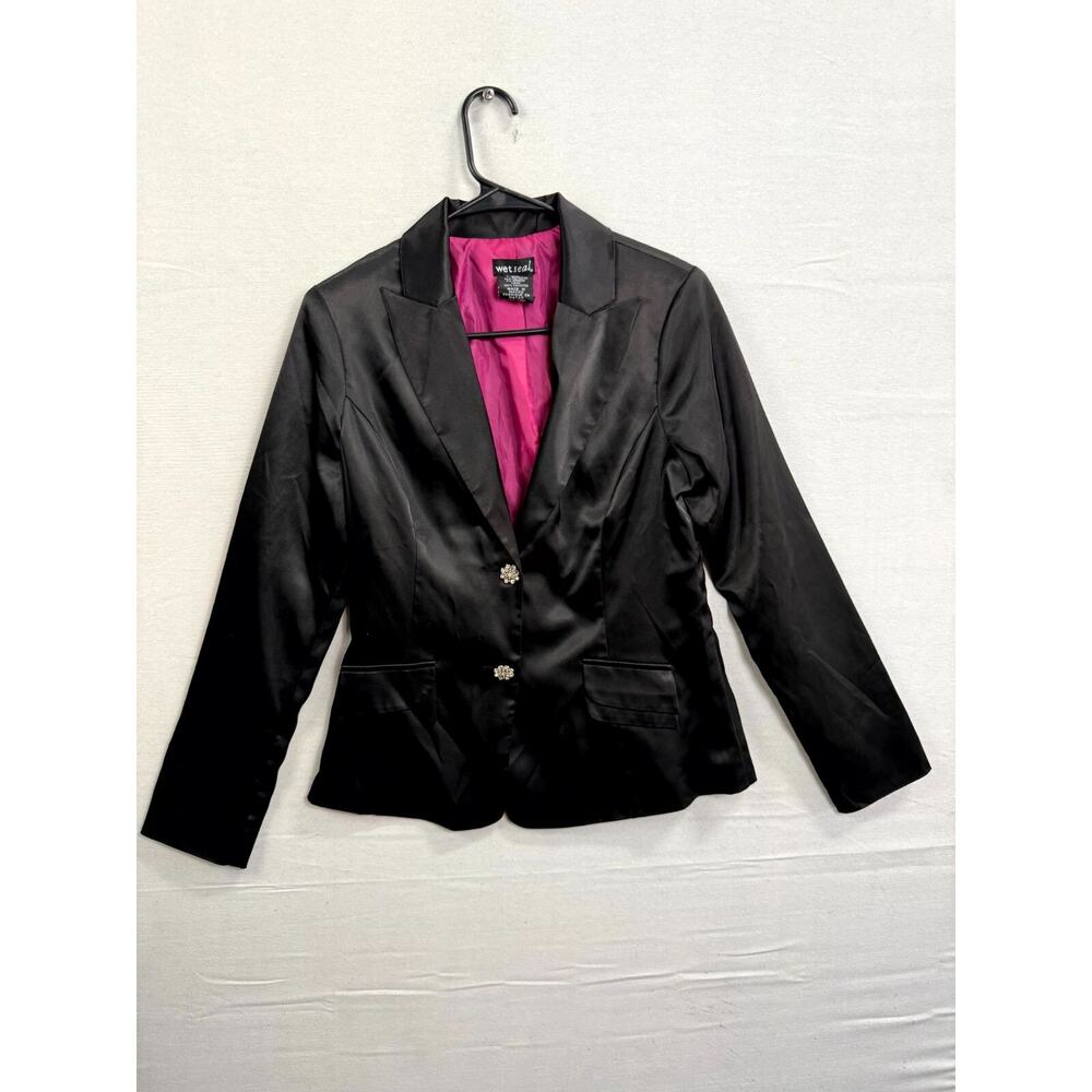 Wet-Seal Blazer Jacket Women Medium Black Lined Satin Peak Lapel Single-Breasted